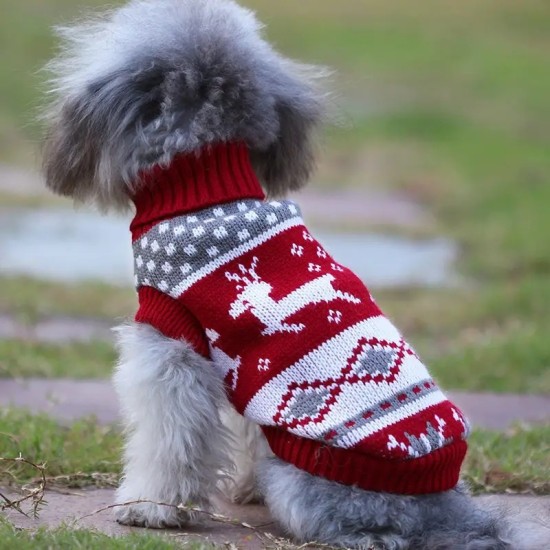 Christmas Knitted Dog Sweater Cat Clothes With Reindeer Print Pet Apparel, For Small & Medium Dogs