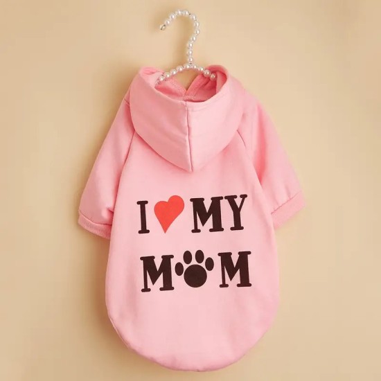 Pink Pet Hoodie For Small & Medium Dogs, I Love My Mom Dog Hoodie Cat Shirts, Cute Pet Apparel