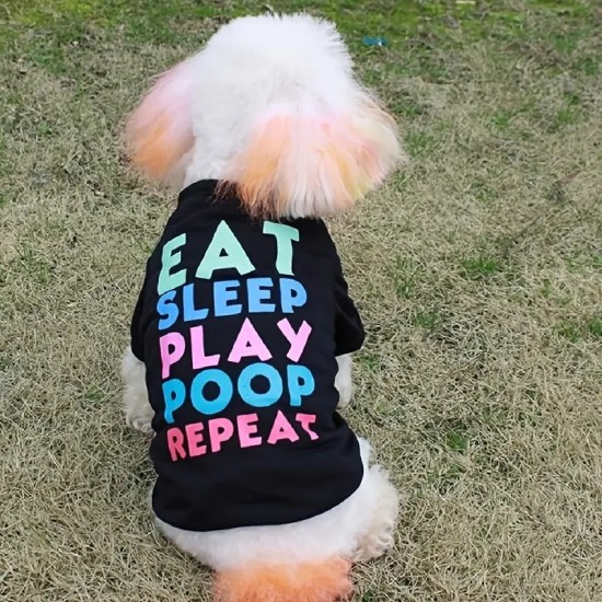 Pet Colorful Eat Sleep Play Print T-Shirt For Dogs Puppies, Machine Washable Clothes Clothing Outfit