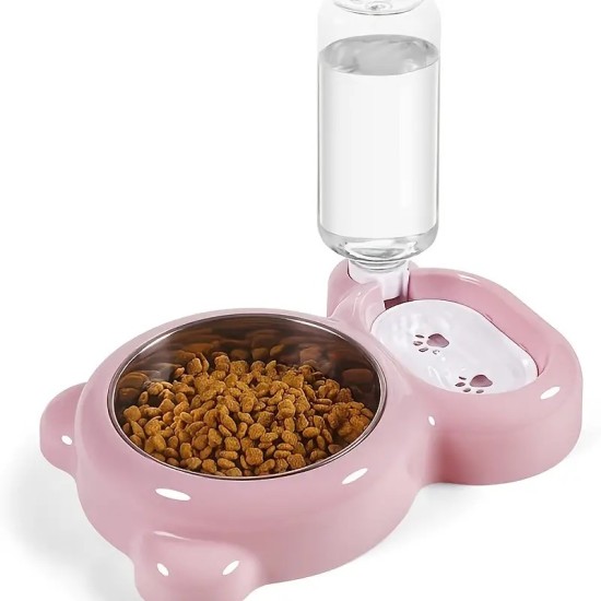 Pet Water & Food Bowl Set, Double Bowls With Automatic Water Dispenser Bottle For Small Dogs & Cats