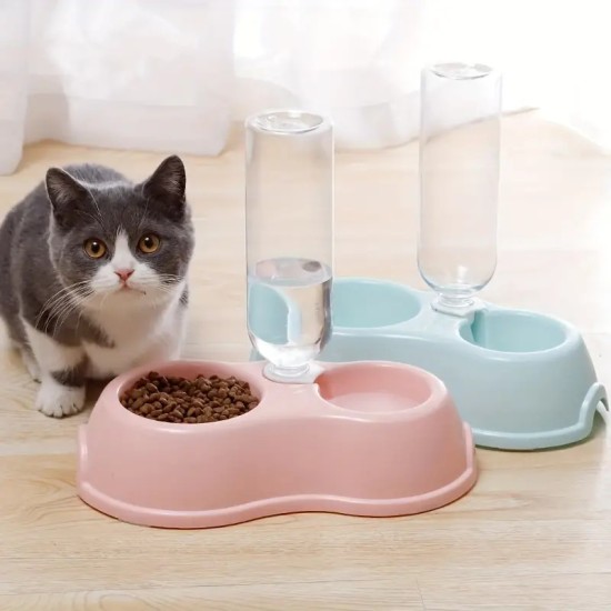 1pc Pet Double Bowl With Drinking Bottle Round Plastic Pet Food Water Bowl Cat Dog Bowl Pet Supplies