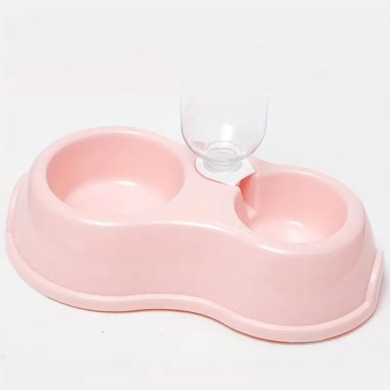 1pc Pet Double Bowl With Drinking Bottle Round Plastic Pet Food Water Bowl Cat Dog Bowl Pet Supplies