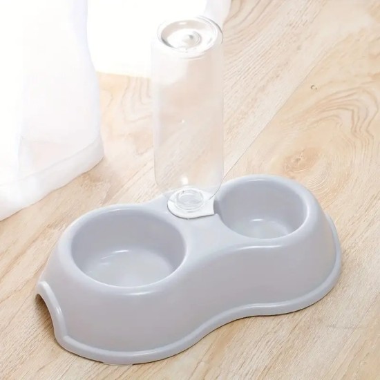 1pc Pet Double Bowl With Drinking Bottle Round Plastic Pet Food Water Bowl Cat Dog Bowl Pet Supplies