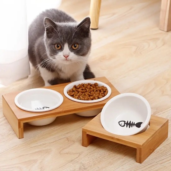 Cat Bowls With Stand For Dog & Cat, Bamboo Ceramic Pet Bowls Cat Bowl Dishes