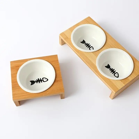 Cat Bowls With Stand For Dog & Cat, Bamboo Ceramic Pet Bowls Cat Bowl Dishes