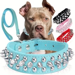 Spiked Dog Collar, Durable PU Leather Studded Dog Collar With Leash