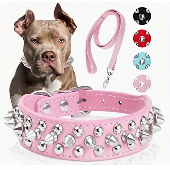 Spiked Dog Collar, Durable PU Leather Studded Dog Collar With Leash