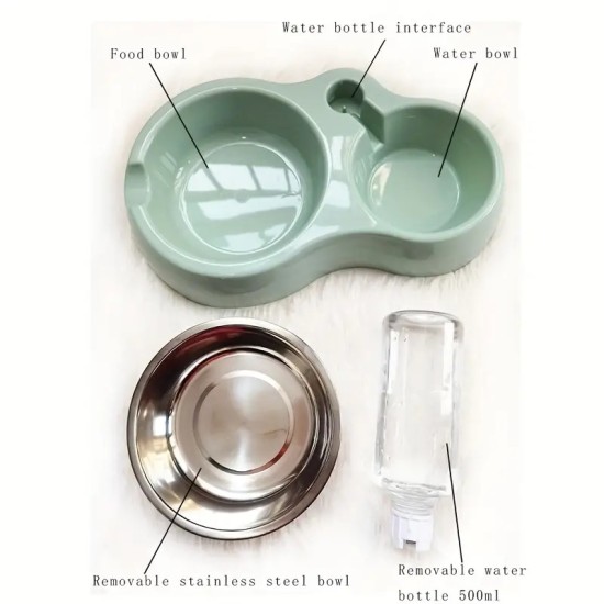 Double Cat Bowl, Cute Water And Food Dual Bowl Set With Water Bottle, Automatic Water Dispenser